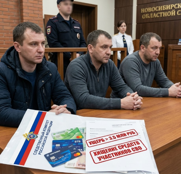 Сотрудники полиции конвоируют обвиняемых в хищении денег с карт участников СВО в суде Новосибирска.