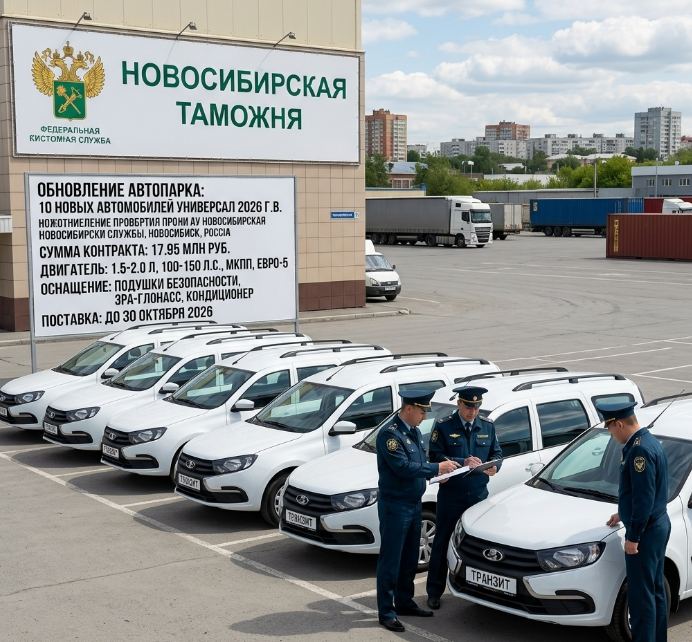 Служебные легковые автомобили Федеральной таможенной службы России на парковке ведомственного здания в Новосибирской области.
