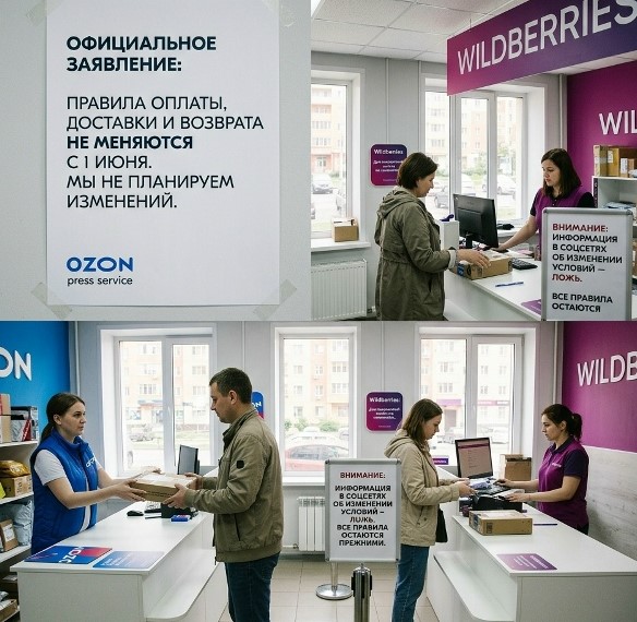 Вывески и фасады смежных пунктов выдачи заказов маркетплейсов Ozon и Wildberries в жилом доме.