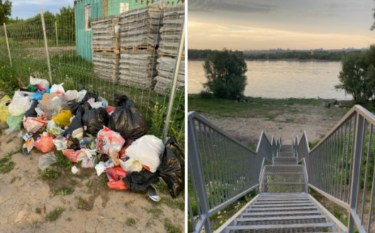 Гора пластиковых бутылок, пакетов и отходов от пикников лежит на земле около бетонной лестницы на благоустроенной Чемской набережной в Новосибирске.