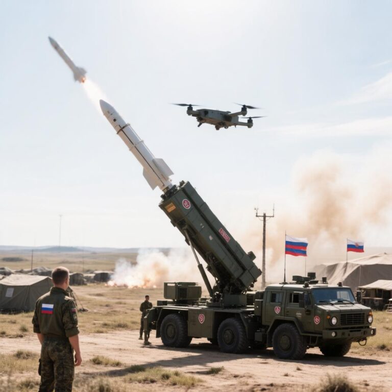 Запуск ракеты противовоздушной обороны дежурными расчетами ПВО для перехвата воздушных целей в ночном небе над регионами России.