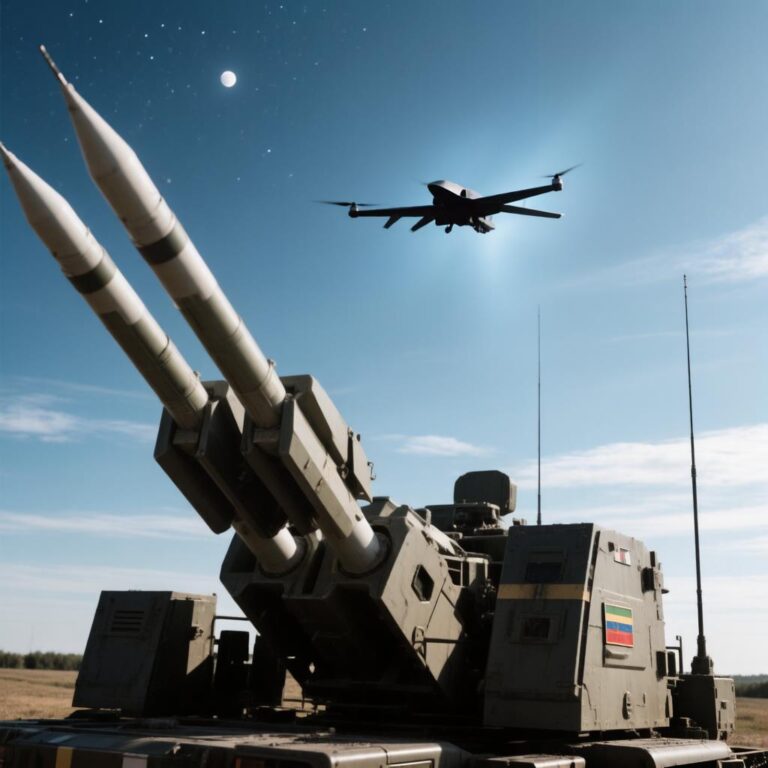 Вспышки разрывов в ночном небе над жилыми домами и промышленными кварталами городов Московской области во время работы ПВО