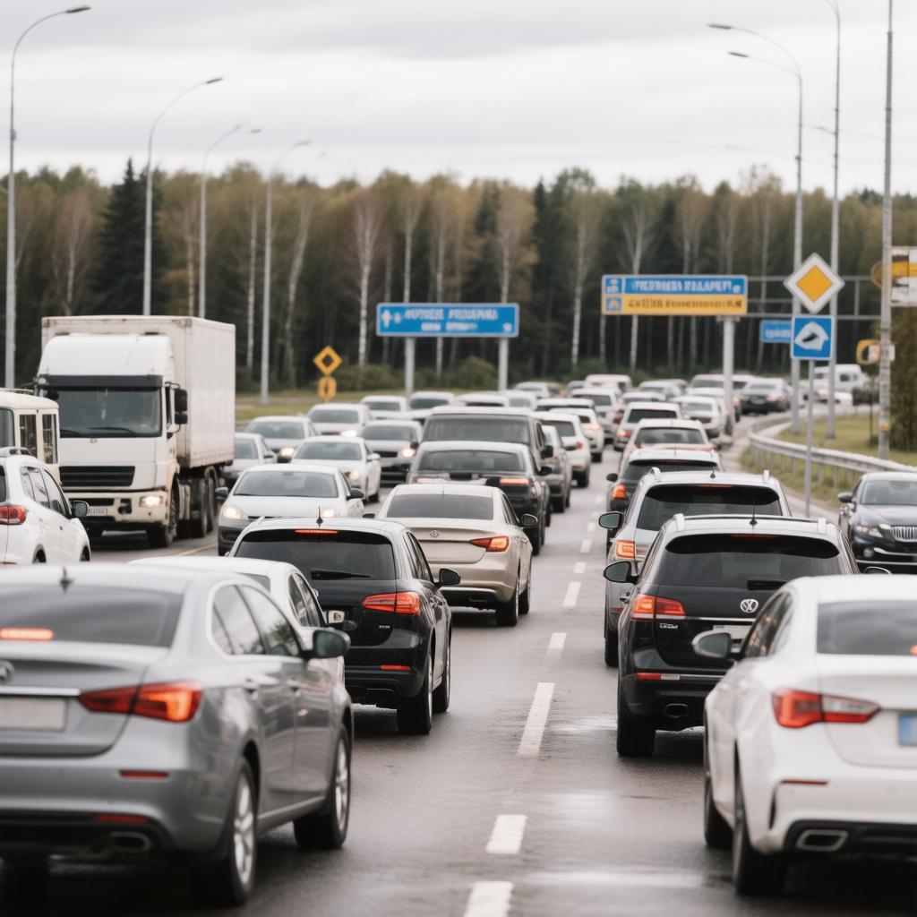 Очередь из легковых автомобилей и туристических автобусов на контрольно-пропускном пункте федеральной трассы