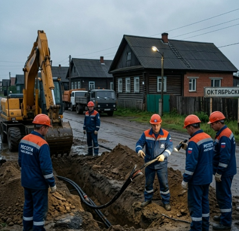 Специалисты энергетической компании проводят раскопки и ремонт поврежденного силового кабеля в полевых условиях