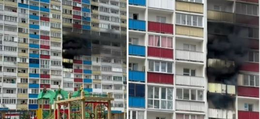 Пожарные машины МЧС России с развернутыми лестницами около фасада жилого дома в Новосибирске